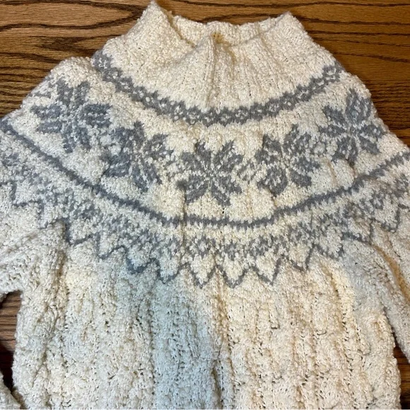 90s Jones New York Hand Knit Sweater S Ivory Gray Fair Isle Fisherman Wool Blend - Picture 3 of 8